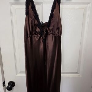 Wild Fable Brown Satin Chemise with Black Lace